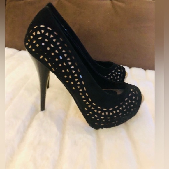 Sole Society | Peep Toe Stilettos Platform Heels | Kaitlyn | Black w Tan Detail - Picture 8 of 8